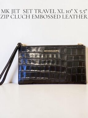 MICHAEL KORS Jet Set Travel XL Zip Clutch Embossed Black Leather 10" X 5.5"